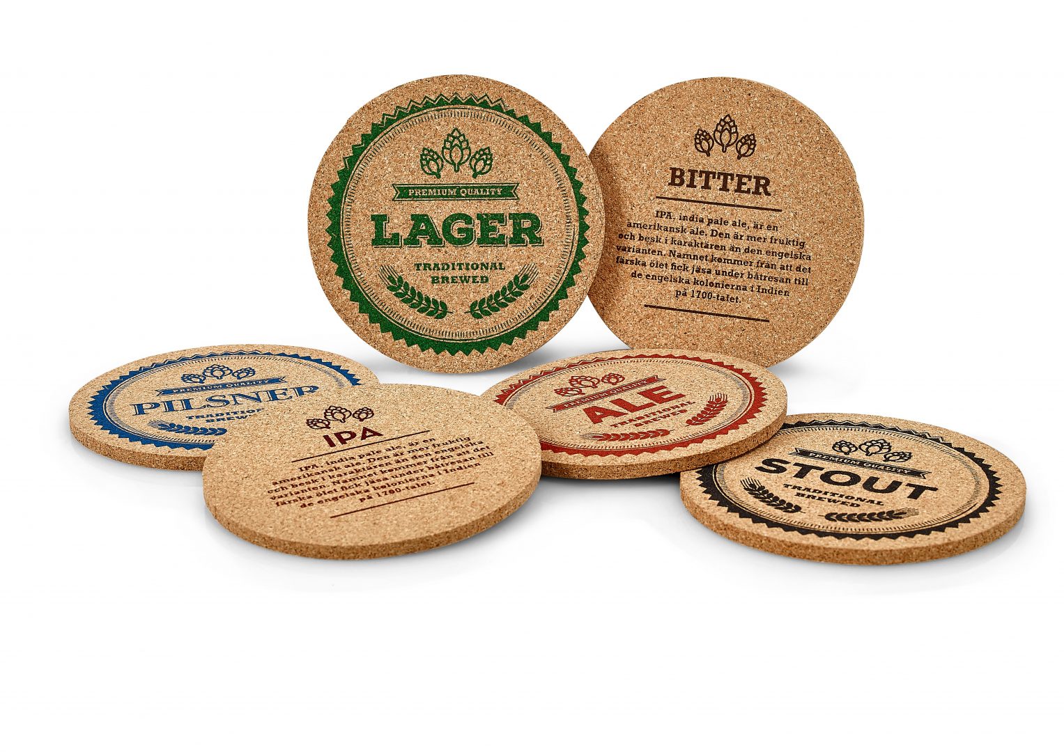 Beer coaster cork 6 pcs assorted English